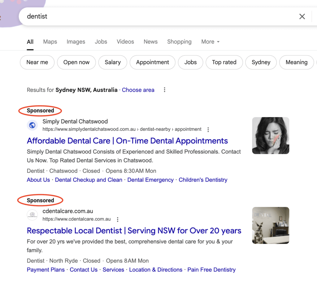google ads results for dentist